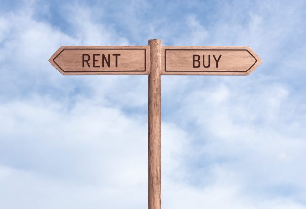 sign posts showing decision between renting or buying a temporary or semi-permanent building